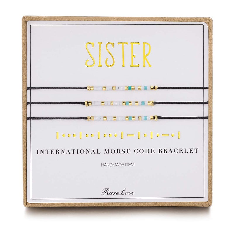 RareLove 3 Pieces Sisters Morse Code Bracelet Friendship Birthday Best Friends Gift For 3 Women Blue White Tiny Pony Seed Beads Black String Bracelets - Image 1